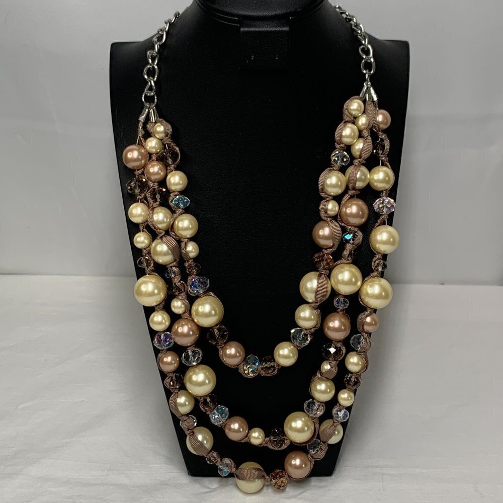 Triple Strand Faux Pearl, Crystal Bead & Ribbon Necklace - Ivory/Pink